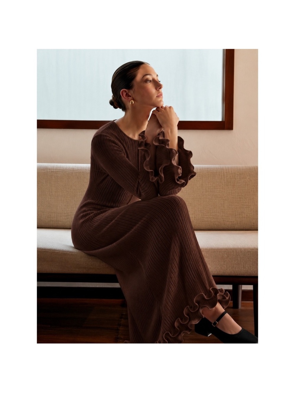 Commense Brown Ribbed Maxi Dress with Ruffle Cuffs